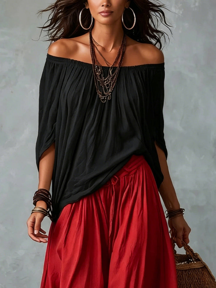 Off-Shoulder Black Top &amp; Red High-Waist Lantern Trousers Set