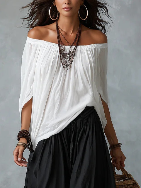 White Off-the-Shoulder Top &amp; Wide Lantern Trousers Set