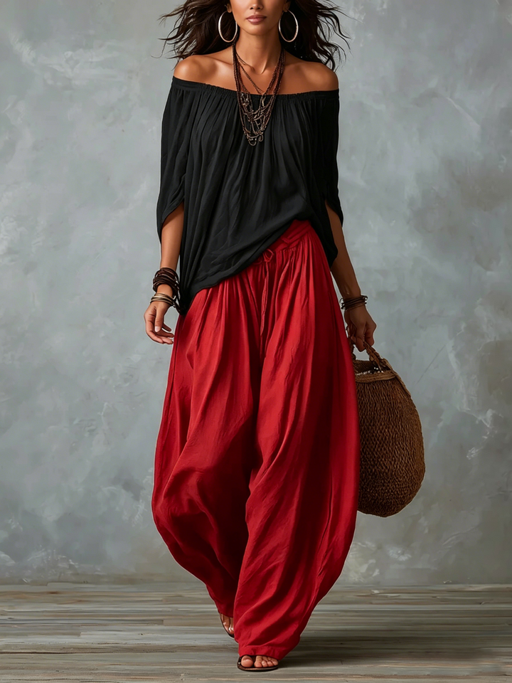 Off-Shoulder Black Top &amp; Red High-Waist Lantern Trousers Set