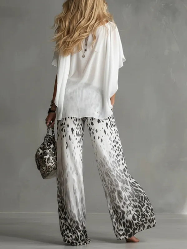 Flowy White Tee &amp; Leopard-Print Chiffon Trousers Set