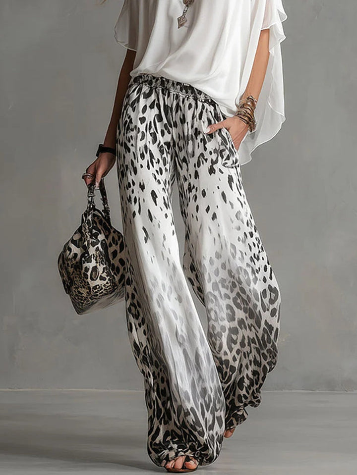 Flowy White Tee &amp; Leopard-Print Chiffon Trousers Set