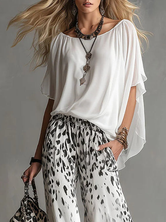 Flowy White Tee &amp; Leopard-Print Chiffon Trousers Set