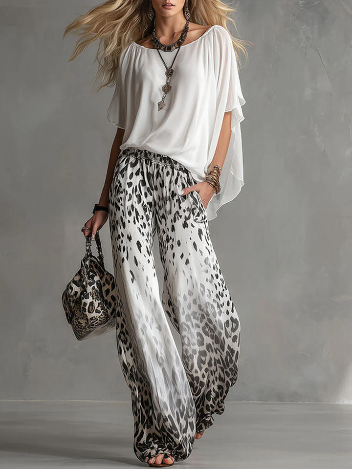 Flowy White Tee &amp; Leopard-Print Chiffon Trousers Set