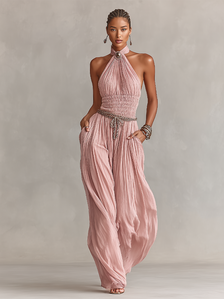 Margaux - Pleated Jumpsuit for Women in Pink with Halter Neck &amp; Ruched Waist