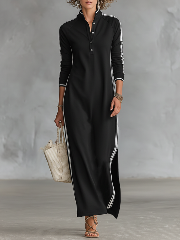 Ivana | Minimalist White-trimmed Button-down Collar Sweatshirt Maxi Dress