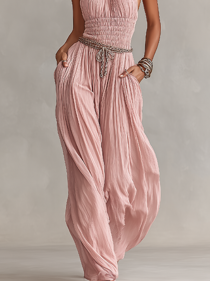 Margaux - Pleated Jumpsuit for Women in Pink with Halter Neck &amp; Ruched Waist