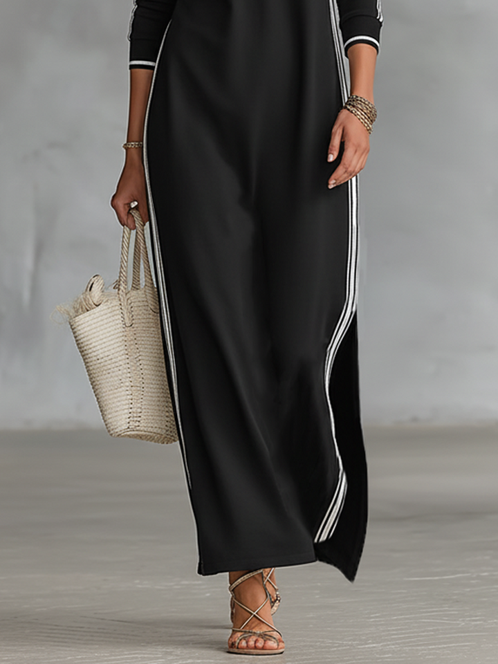 Ivana | Minimalist White-trimmed Button-down Collar Sweatshirt Maxi Dress