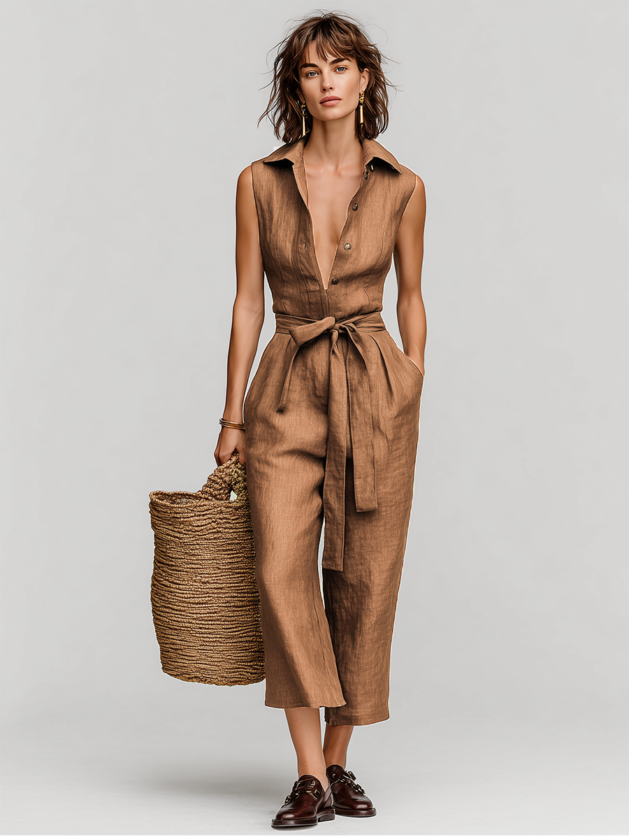 Élodie - Brown Tobacco Linen Jumpsuit
