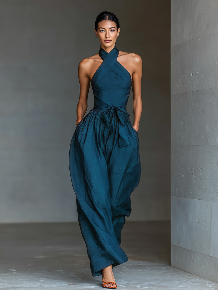 Solène - Cross-Back Linen Jumpsuit in Navy Blue