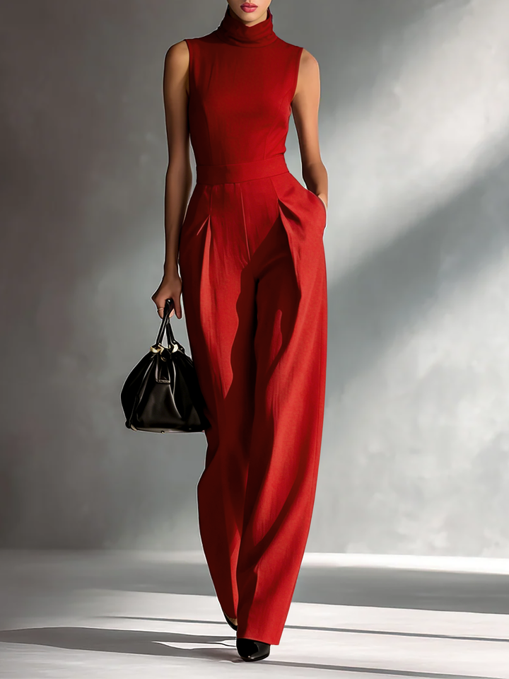 Colette - Sleeveless Jumpsuit in Burgundy Cotton-Linen Blend