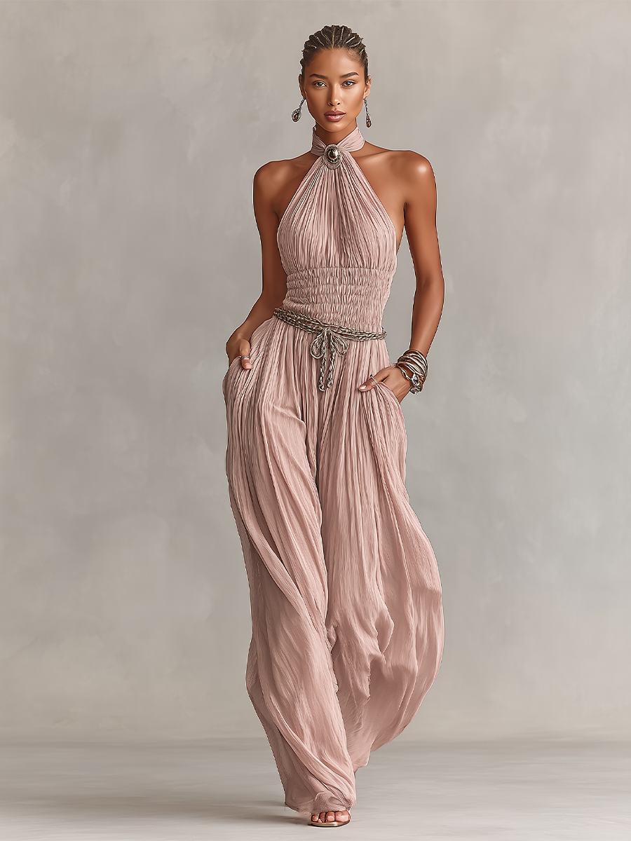 Margaux - Pleated Jumpsuit for Women in Pink with Halter Neck &amp; Ruched Waist