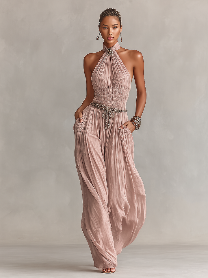 Margaux - Pleated Jumpsuit for Women in Pink with Halter Neck &amp; Ruched Waist