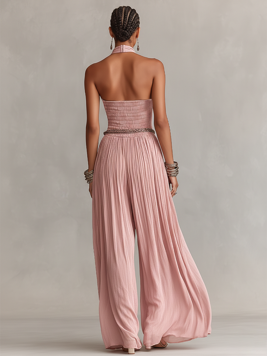 Margaux - Pleated Jumpsuit for Women in Pink with Halter Neck &amp; Ruched Waist