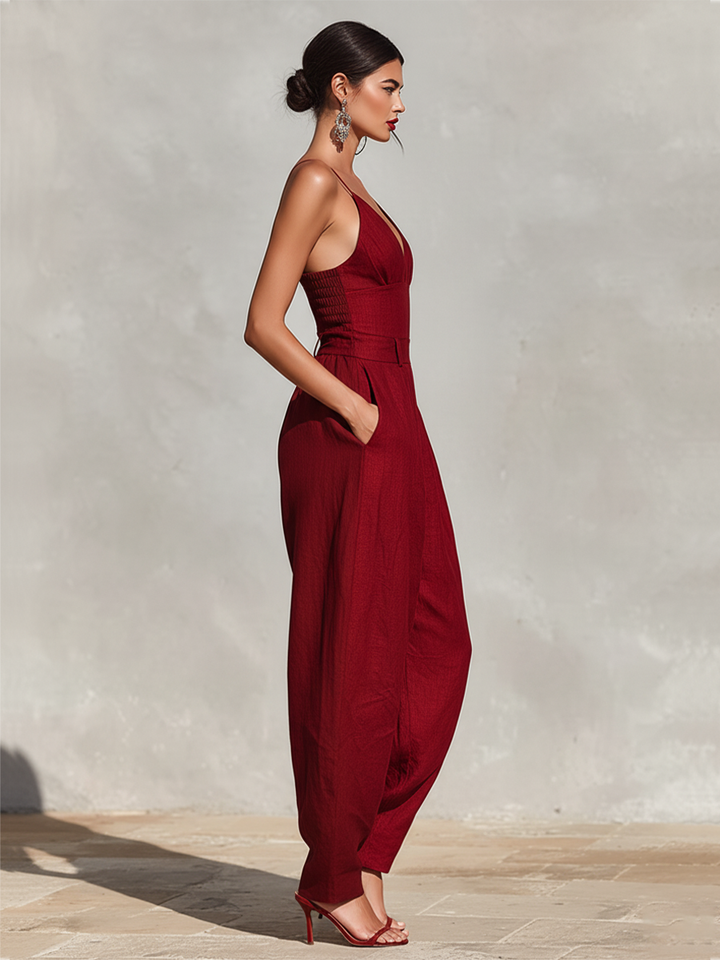 Estelle - Red Linen Jumpsuit for Women with Thin Straps